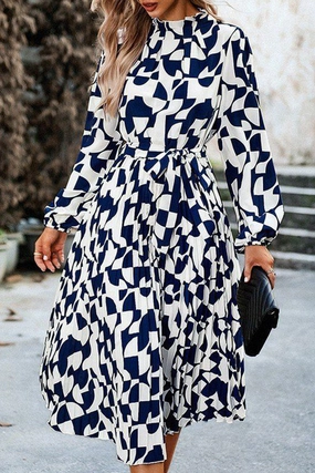 WOMEN RUFFLED HIGH NECK BELTED LONG DRESS Natural Light ElasticWaistband