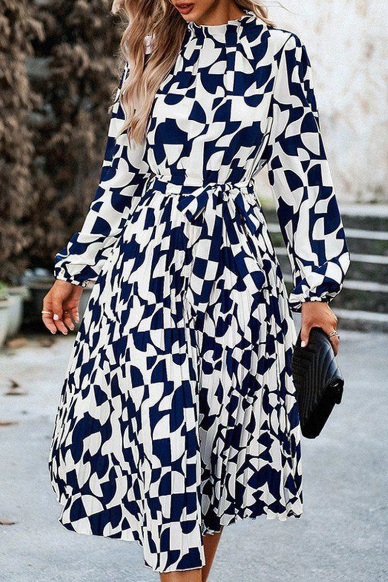 WOMEN RUFFLED HIGH NECK BELTED LONG DRESS Natural Light ElasticWaistband