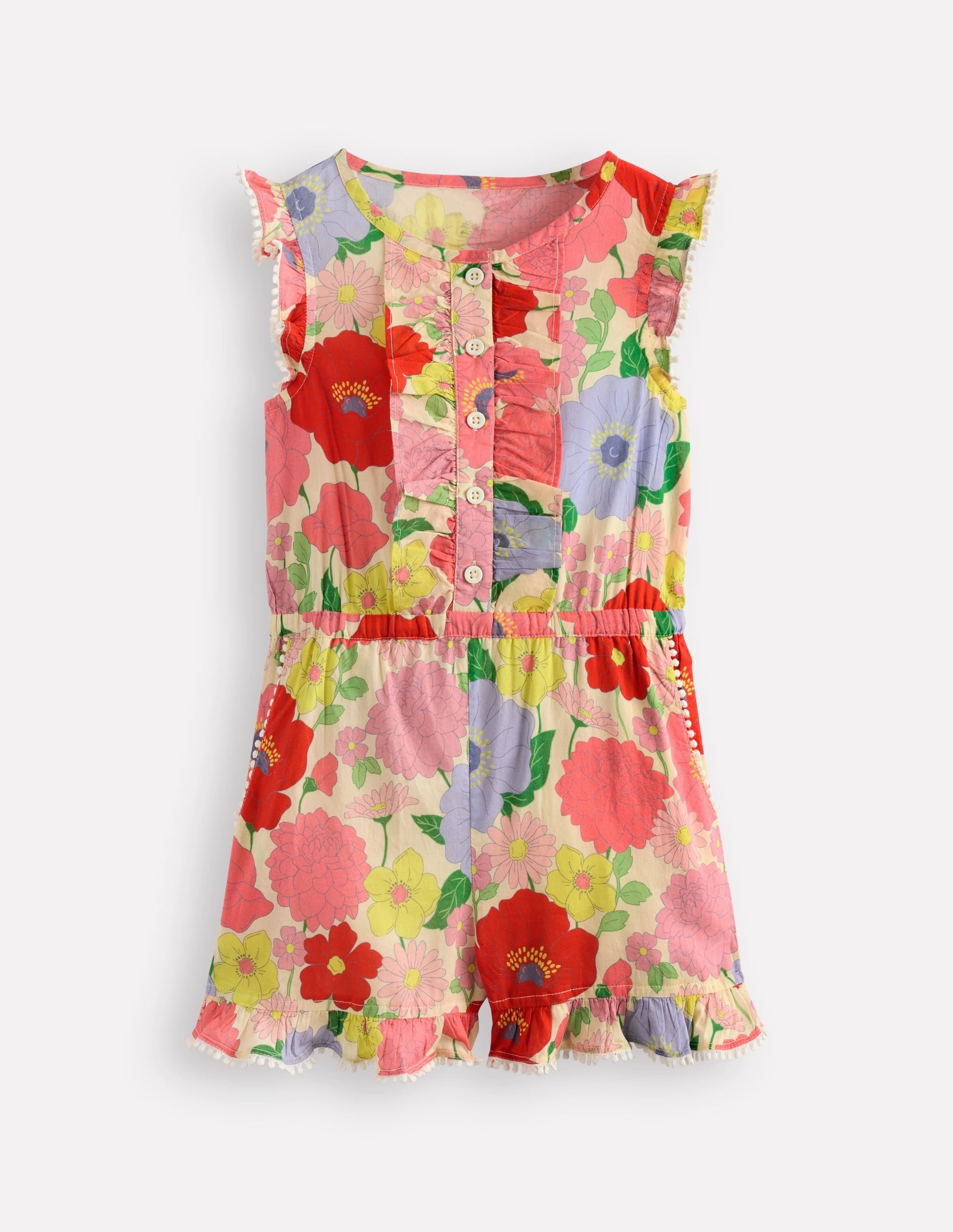 Open-back Work Appropriate Button Through Ruffle Playsuit-Multi Summer Garden