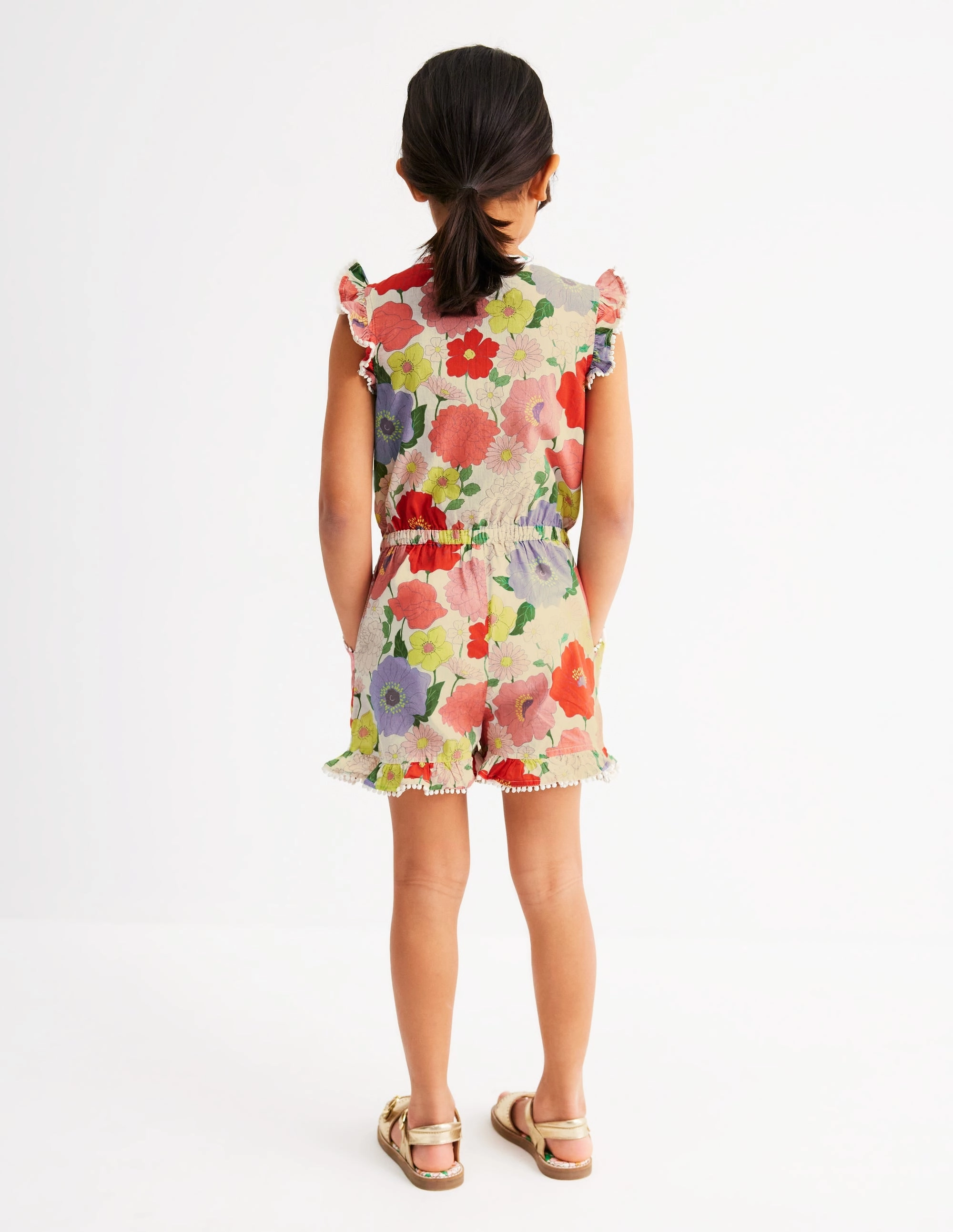 Velvet-Edge Button Through Ruffle Playsuit-Multi Summer Garden