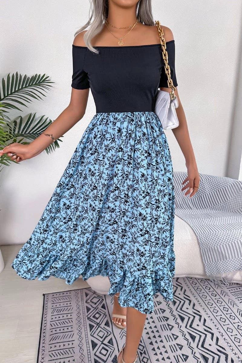 WrinkleResistantFinish Flattering Fit CASUAL FLORAL FLOUNCES MID LENGTH DRESS_CWDSD2506