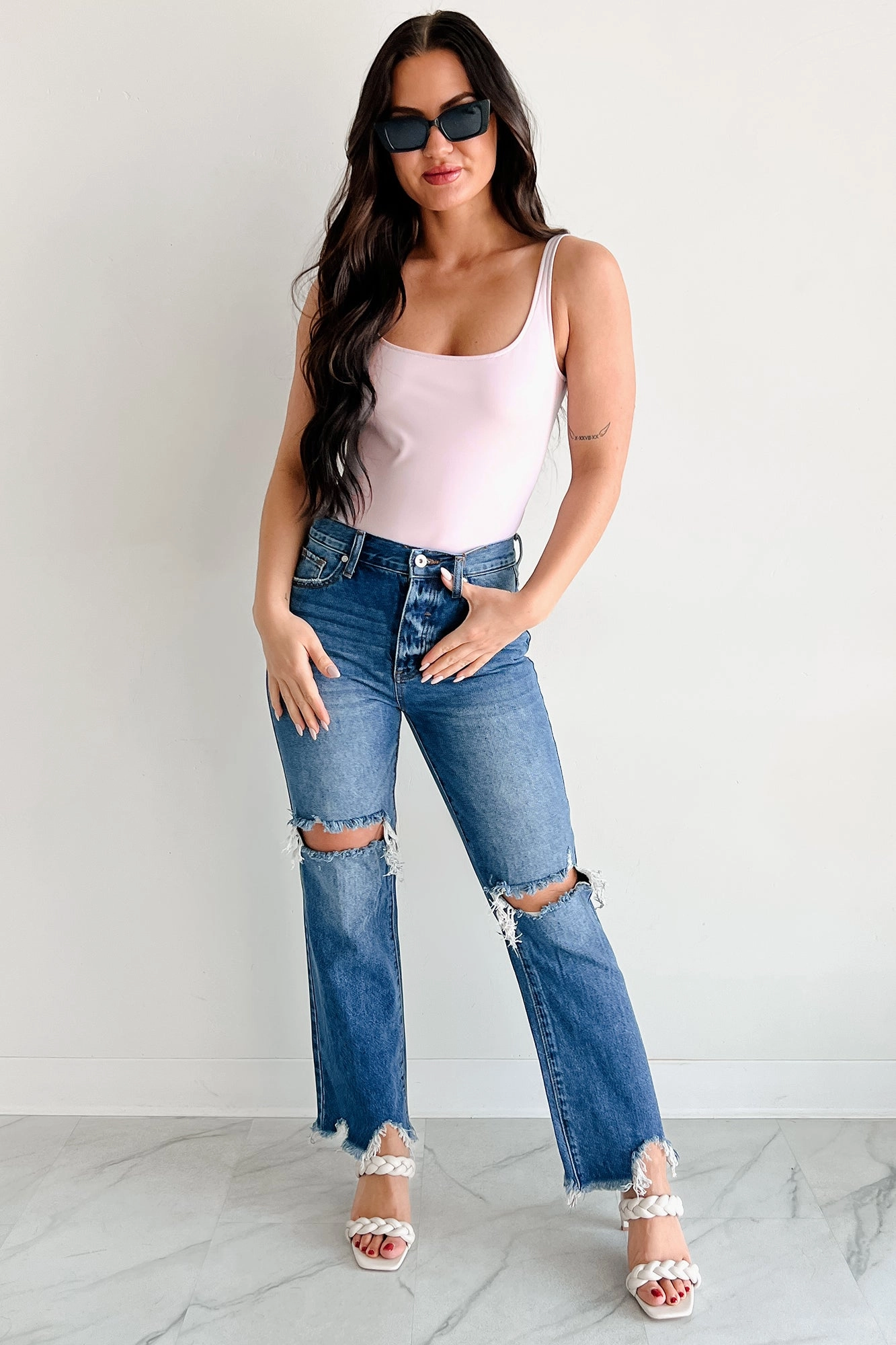 Summer Feels Forever Sleeveless Faux Leather Bodysuit (Lavender) Quick Access Slit