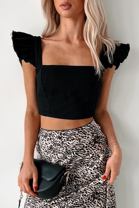 DurableWeave Summer Ready Ruffle Sleeve Denim Crop Top (Black)