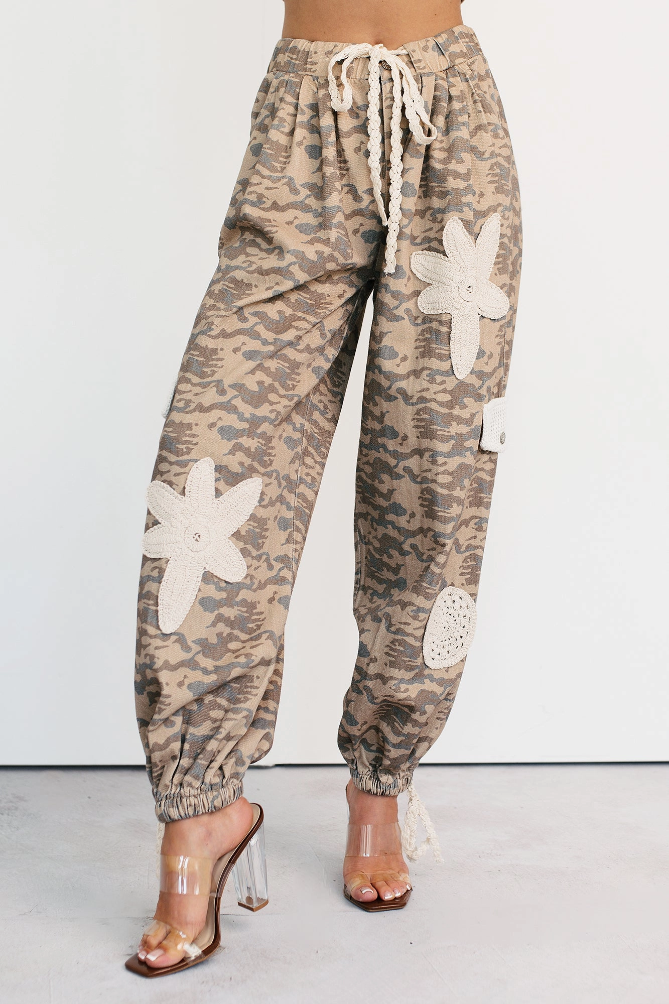Sun Comes Up POL Drawstring Denim Joggers (Beige Camo) CompressionFitFabric ResilientElasticBand