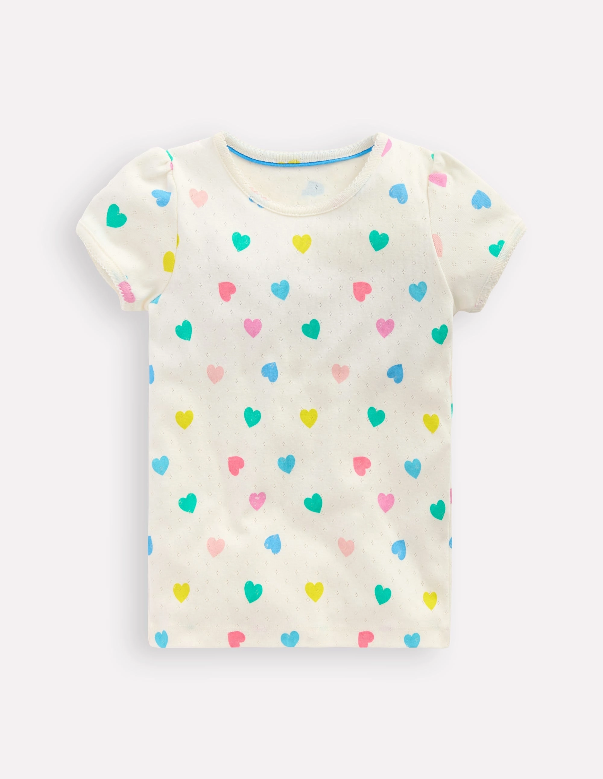 BreathableMeshPanels HighDensity Knit Short Sleeve Pointelle Top-Soft Ivory Multi Hearts