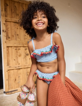 Tallulah Frill Bikini-Blue Gingham Cherries Water Resistant Cruelty Free