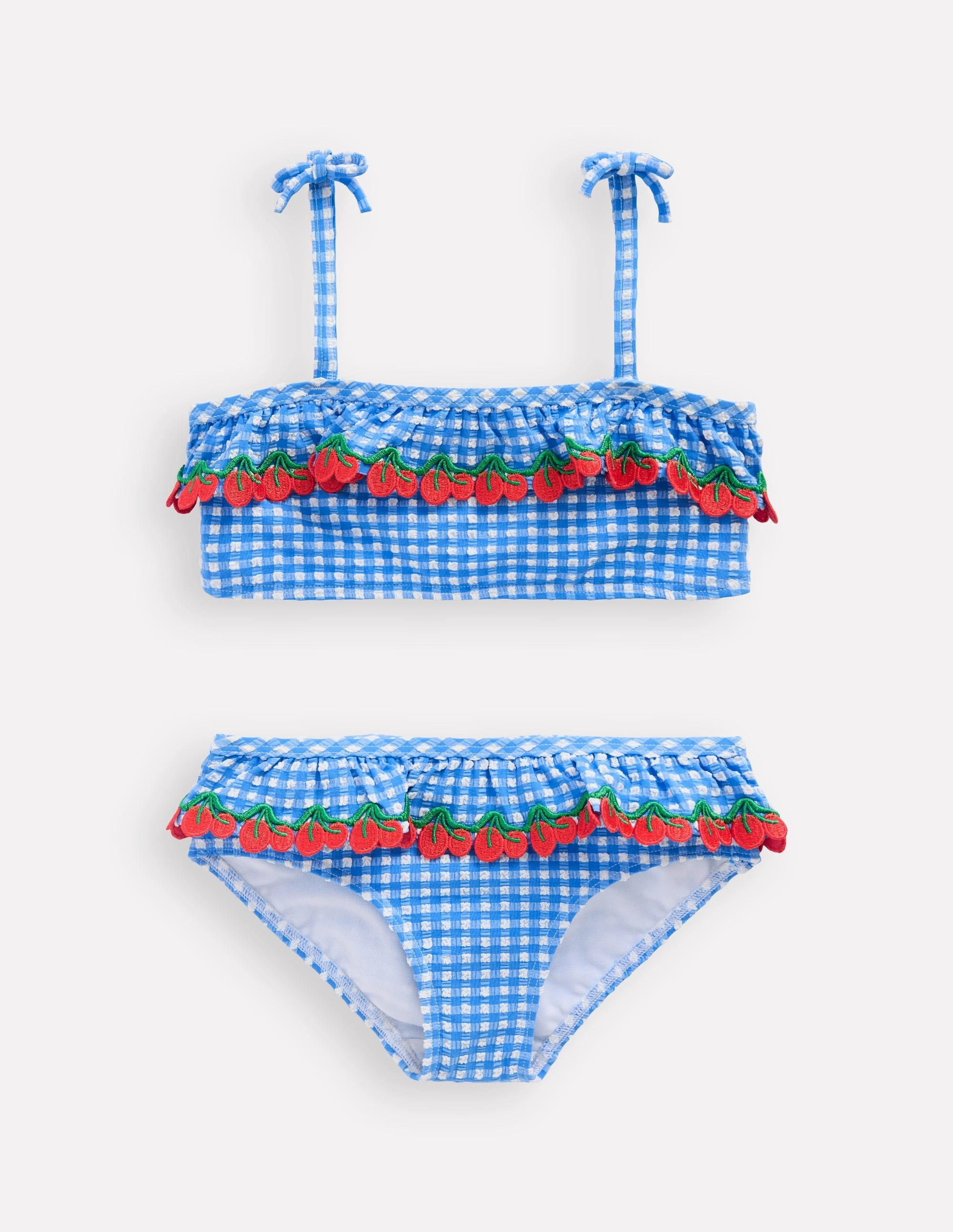 Tallulah Frill Bikini-Blue Gingham Cherries Sun Protective Fabric Seam Free Technology