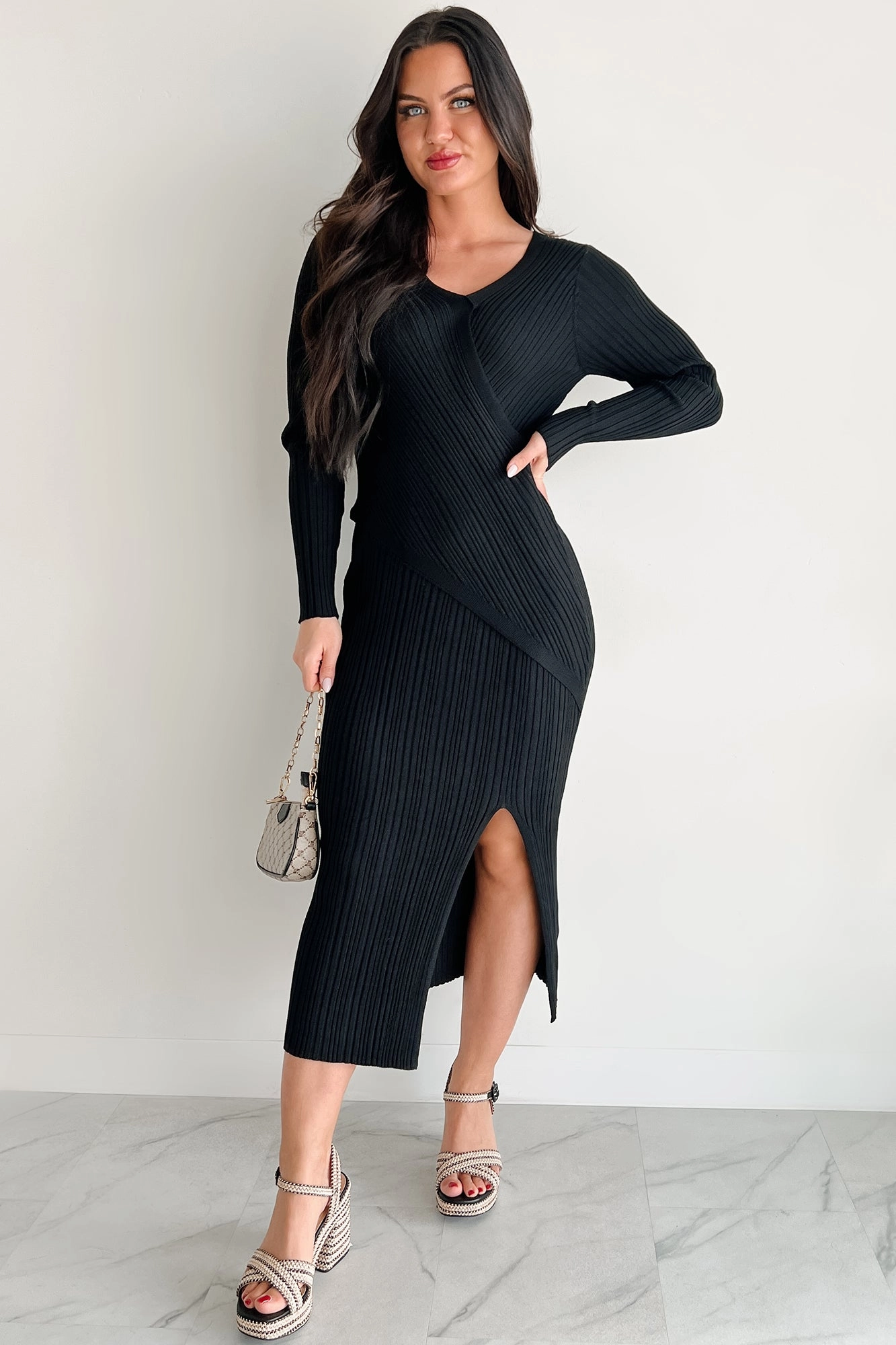 Form Fitting Body Flow Sunday Brunch Ribbed Long Sleeve Maxi Dress (Black)