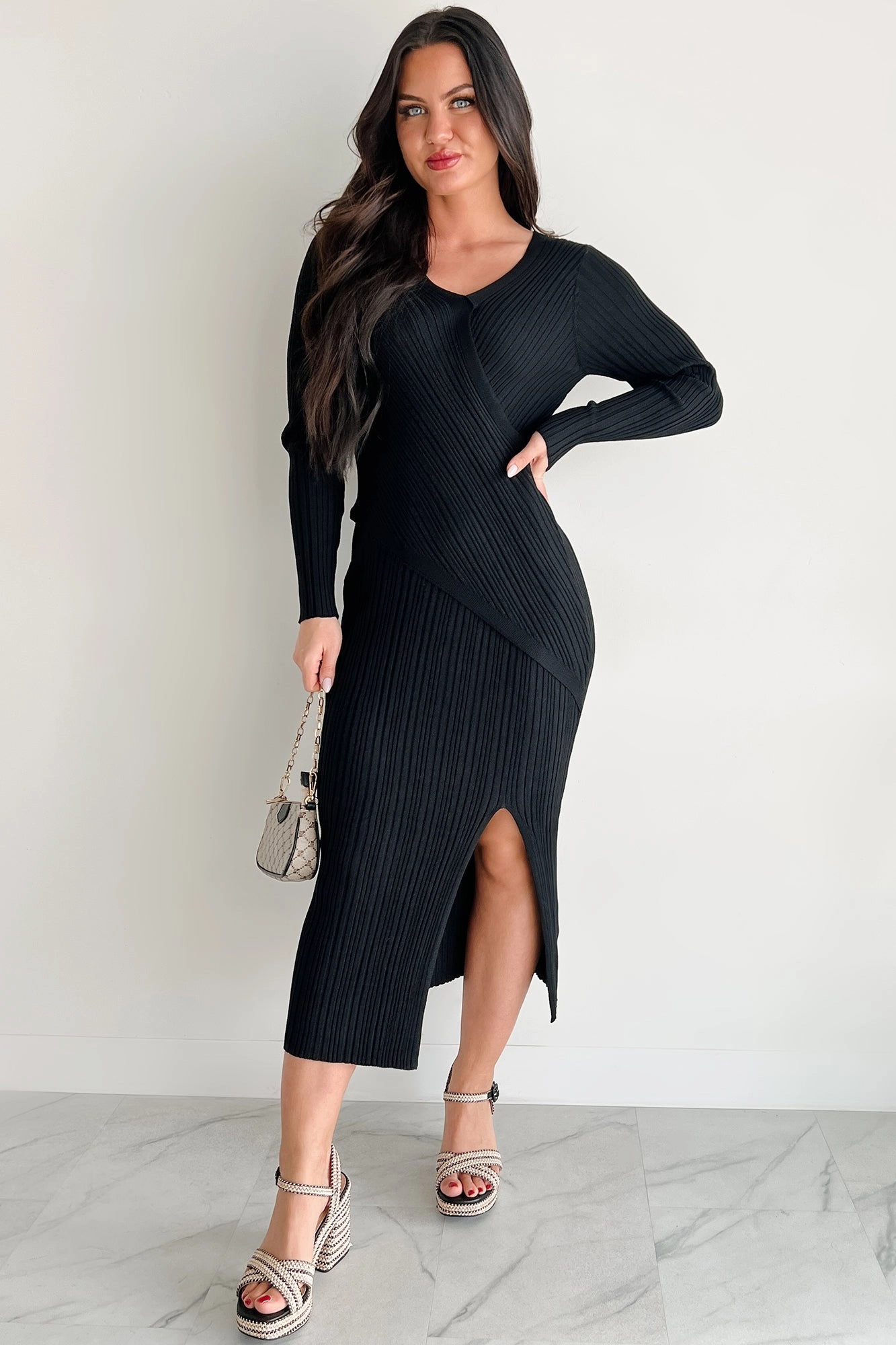Sunday Brunch Ribbed Long Sleeve Maxi Dress (Black) Soft Tones
