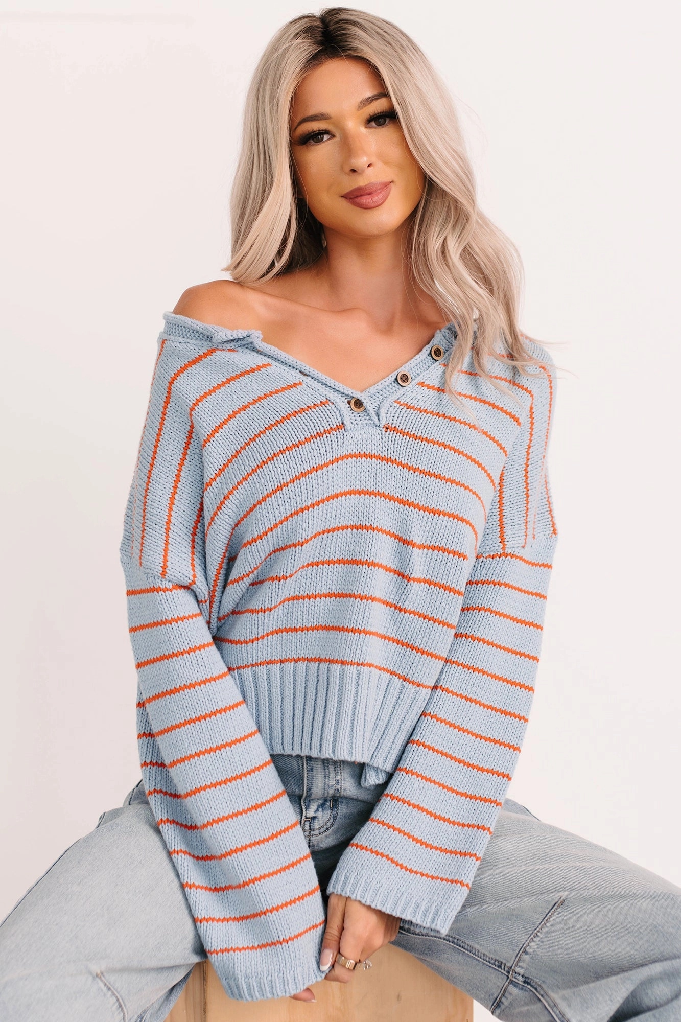 Durable Color Retention ConvertibleSleeves Sunday Comfort Striped Henley Sweater (Blue/Orange)