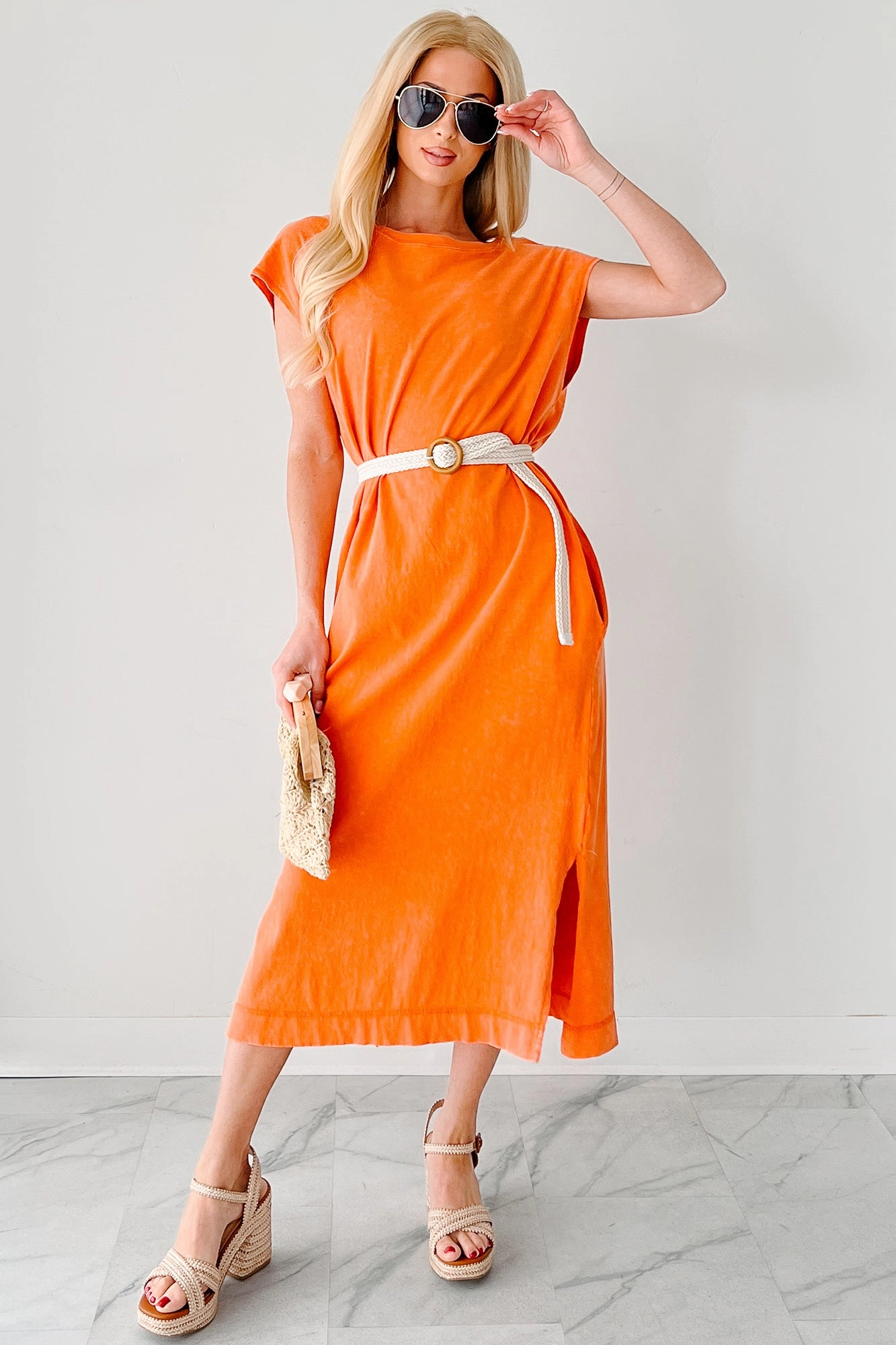 Breathable Design Casual Style Wear Sundays In Bed Sleeveless Midi Dress (Orange)