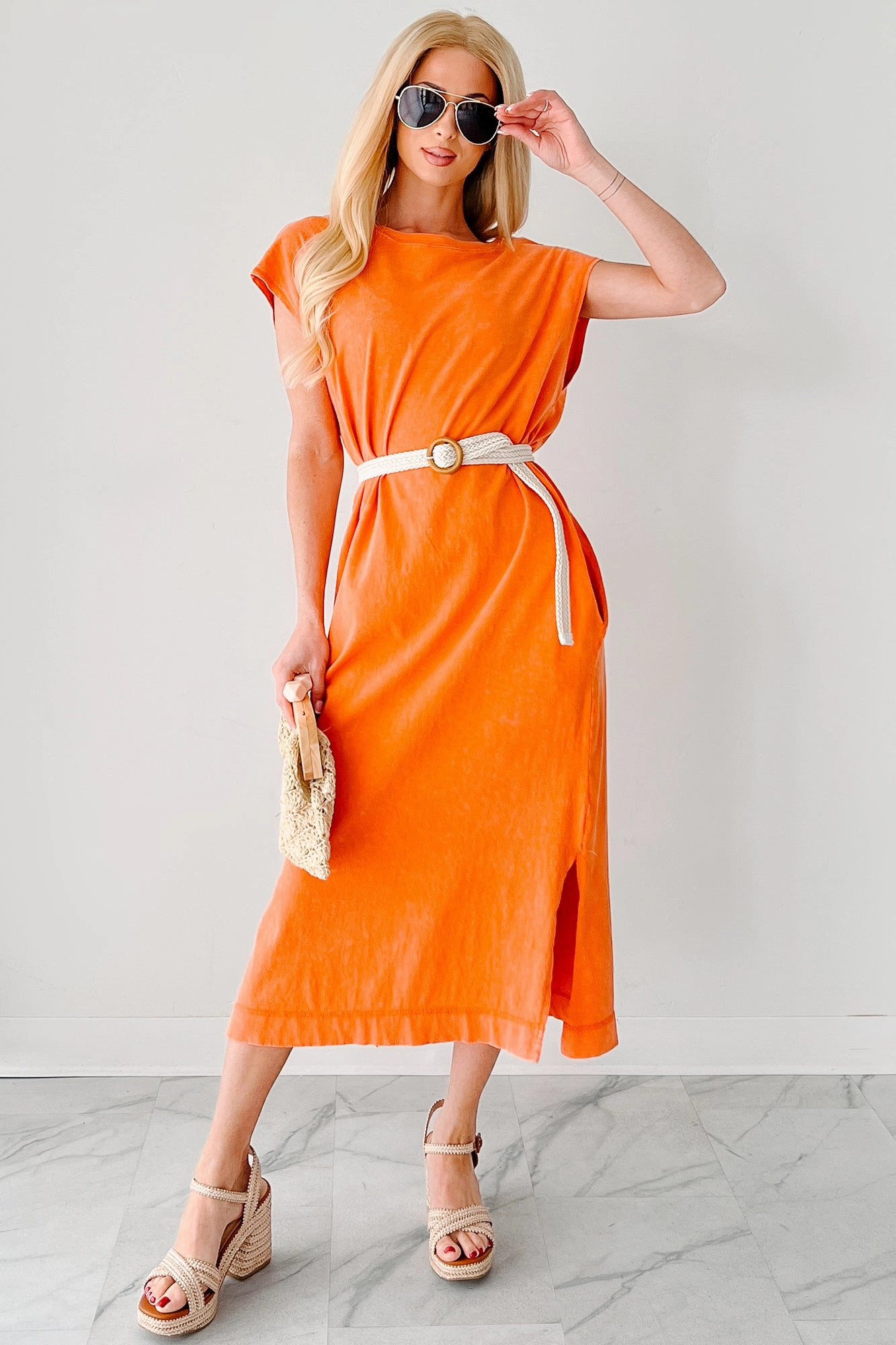 Classic Cut Sundays In Bed Sleeveless Midi Dress (Orange)