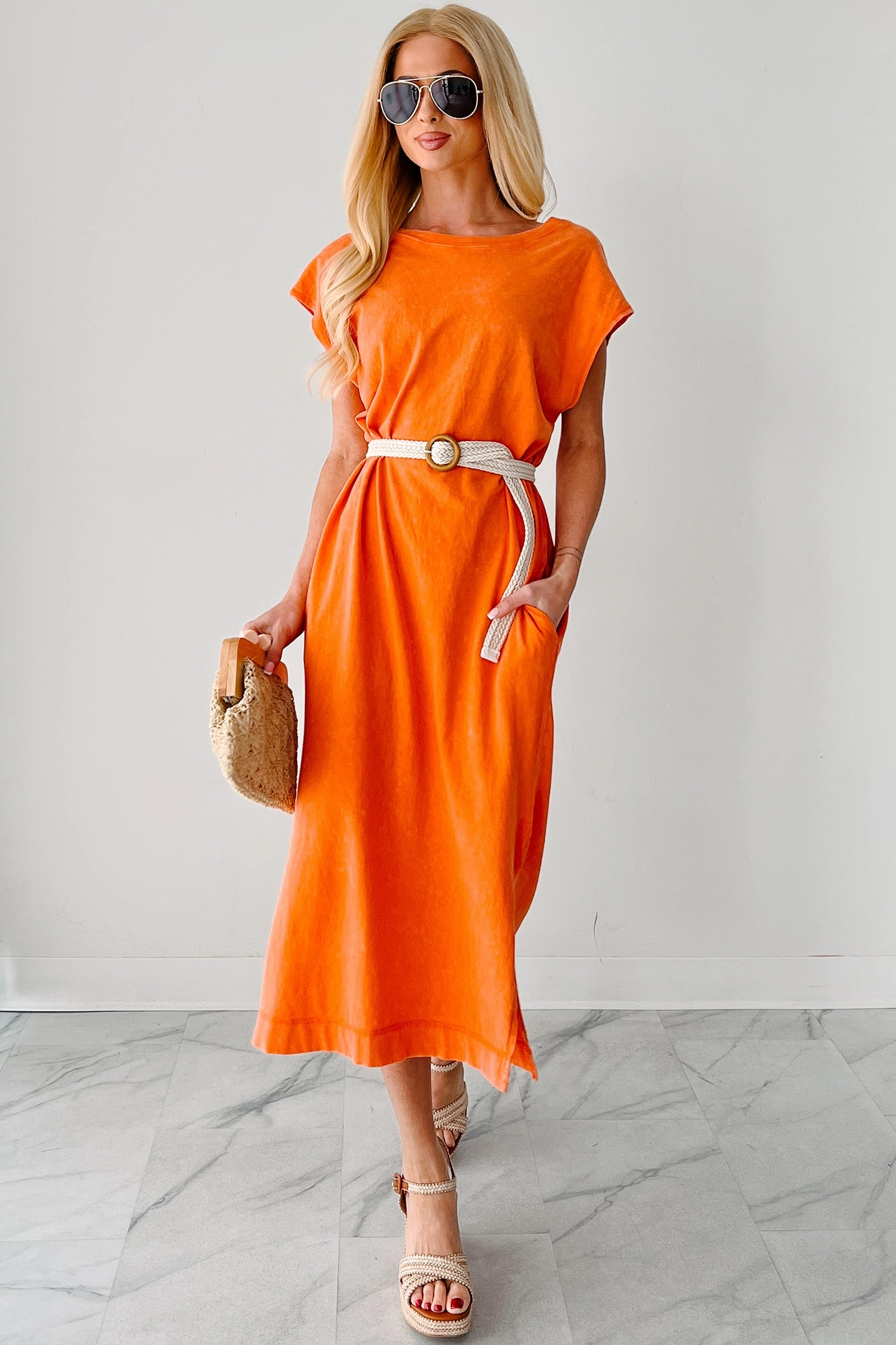 Travel Staple Mid Fit Sundays In Bed Sleeveless Midi Dress (Orange)