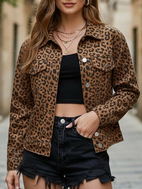 Loose-fitting leopard print denim cropped jacket WaterRepellent Coating Loose Sweater