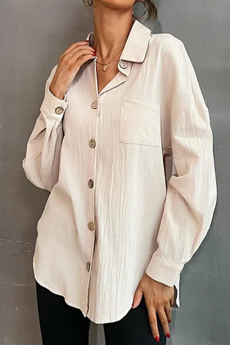 BUTTON DOWN SOLID LOOSE FIT BLOUSE SHIRTS High Collar Design