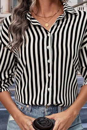 WOMEN FITTED CUFF BUTTON UP STRIPE SHIRTS Raw Edge Finish