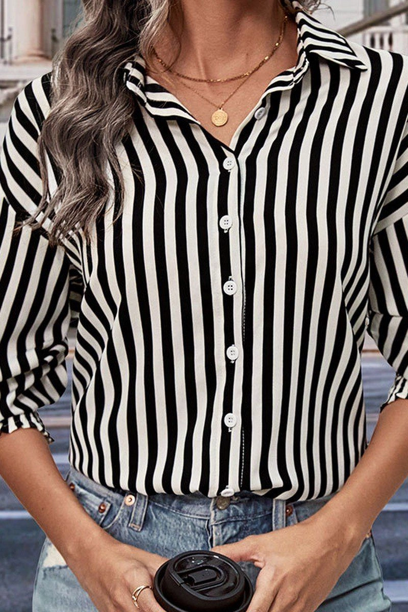 WOMEN FITTED CUFF BUTTON UP STRIPE SHIRTS Raw Edge Finish