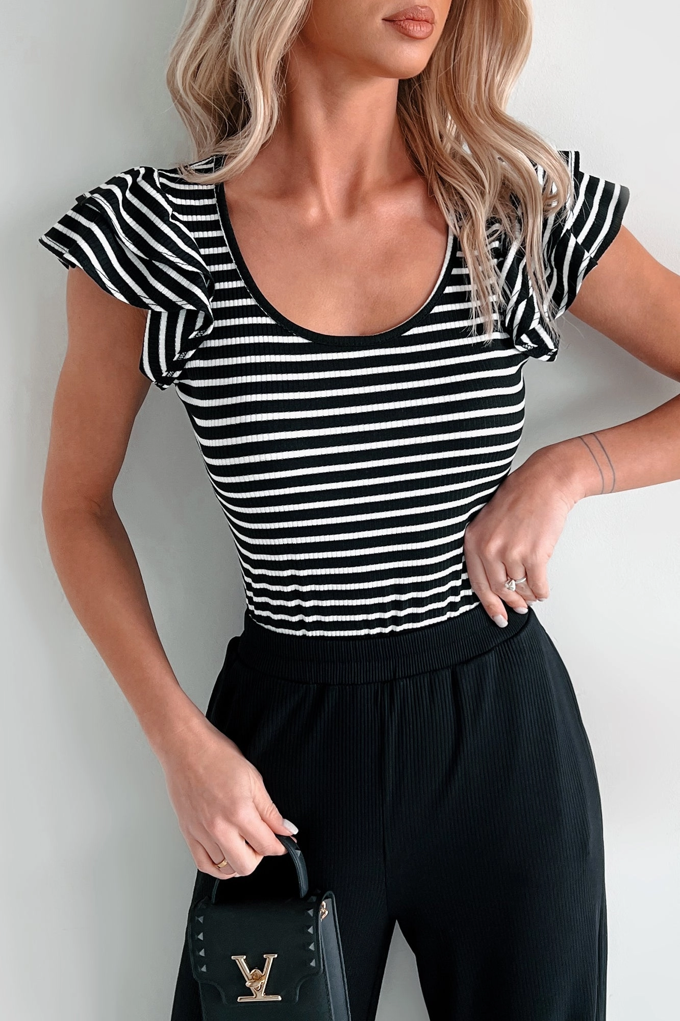 Layered Hemline Sweet As Honey Ruffle Sleeve Striped Bodysuit (Black/White)