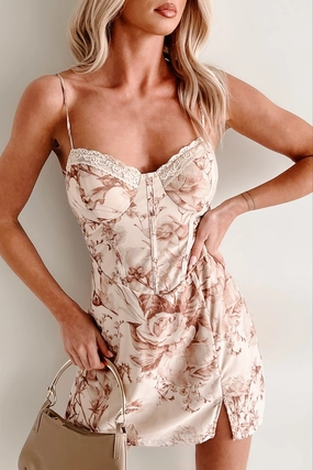 Shine Skin Sweet But Salty Floral Sweetheart Mini Dress (Brown)