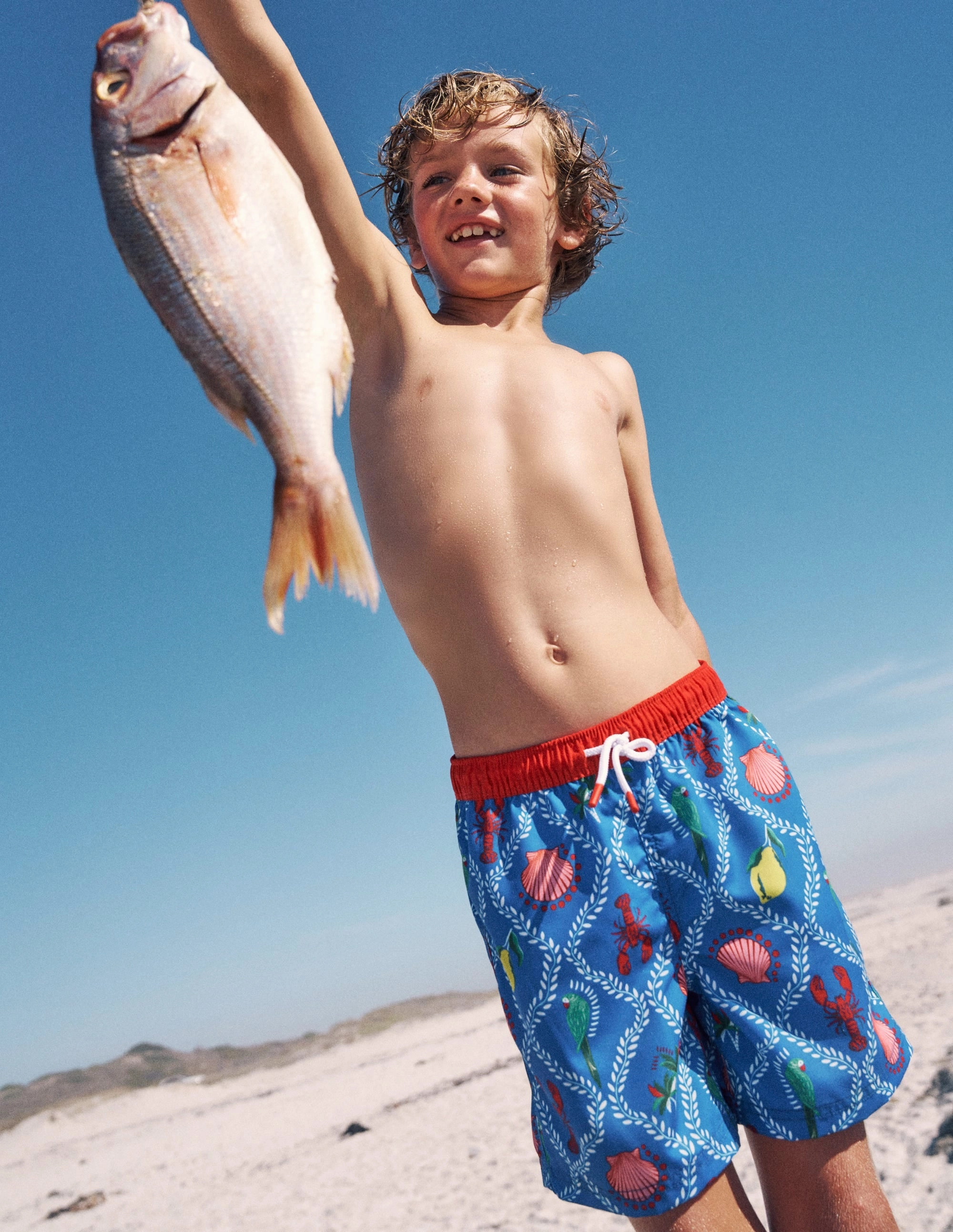 Foldable Design Swim Shorts-Bright Blue Tropical Tile