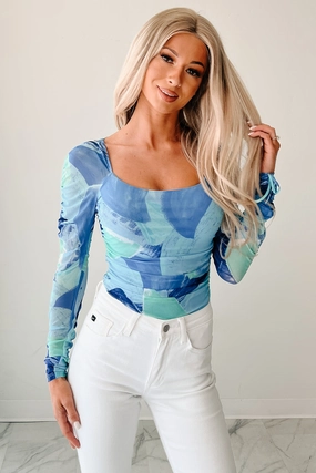 Faint Freshness Abstract Mesh Long Sleeve Bodysuit (Blue) Contrast Stitching