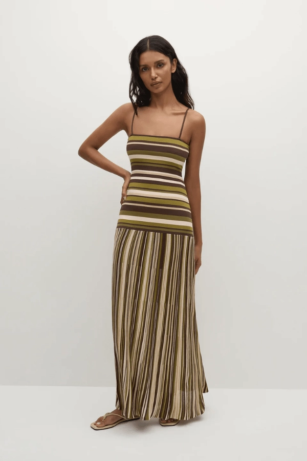 Essenia Knit Dress Espresso Pine Stripe Perfect Layer Luxury Feel