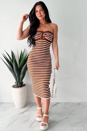 Taking A Moment For Me Ribbed Sweater Knit Midi Dress (Camel/White) Satin-Sleeve