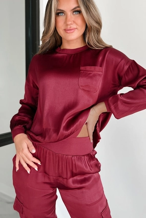 Airy Mesh Lining AntiStaticInnerLining Taking What's Owed Satin Long Sleeve Top (Maroon)