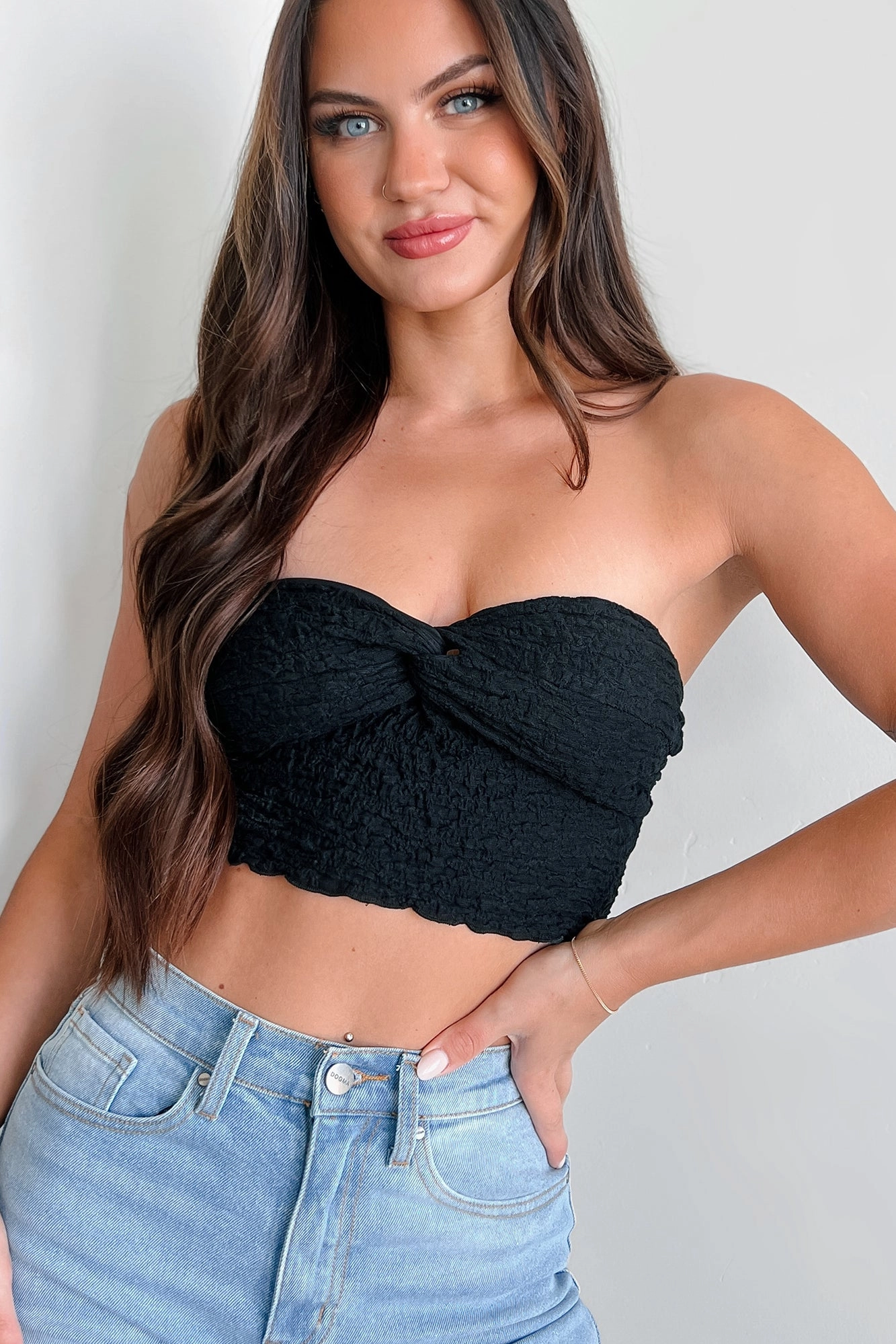 WeightedHem Garment Washed Tampa Nights Twist-Knot Textured Tube Top (Black)