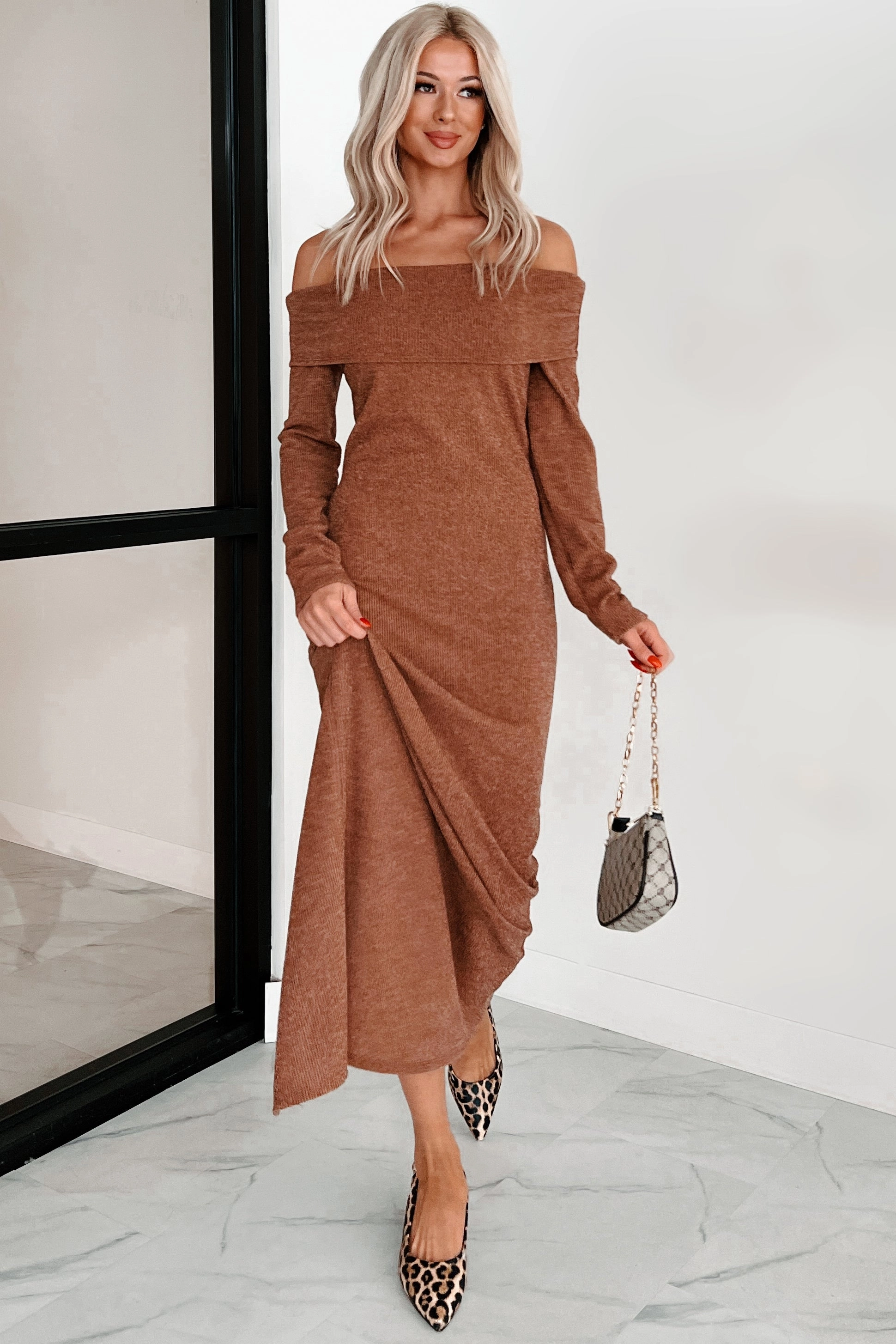 Contrast-Piping Tanya Off The Shoulder Sweater Maxi Dress (Brown)