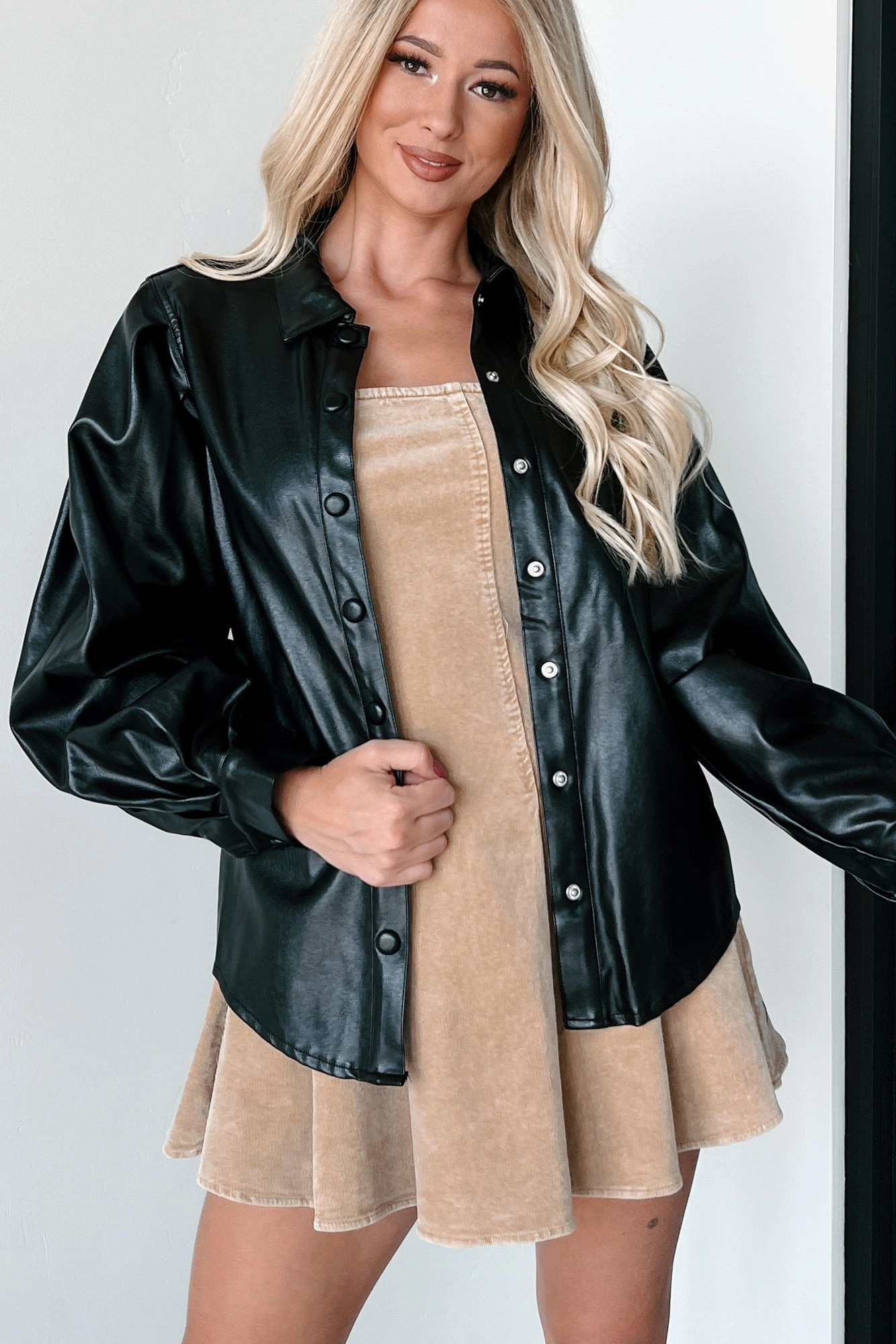 summer top Adding Complications Faux Leather Shacket (Black)