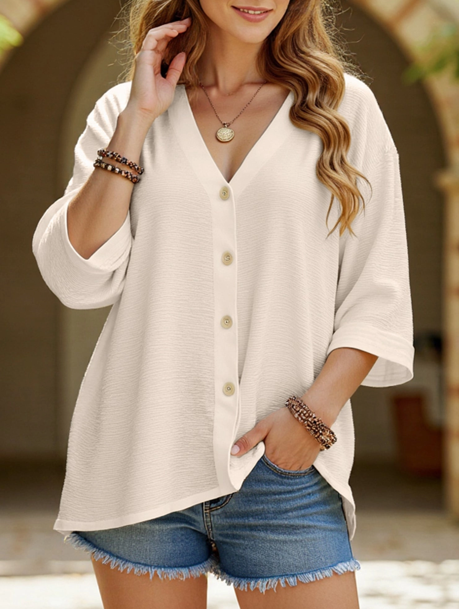 Everyday Jacket Fade Resistant Coating V-Neck Button T-Shirt Cardigan Top