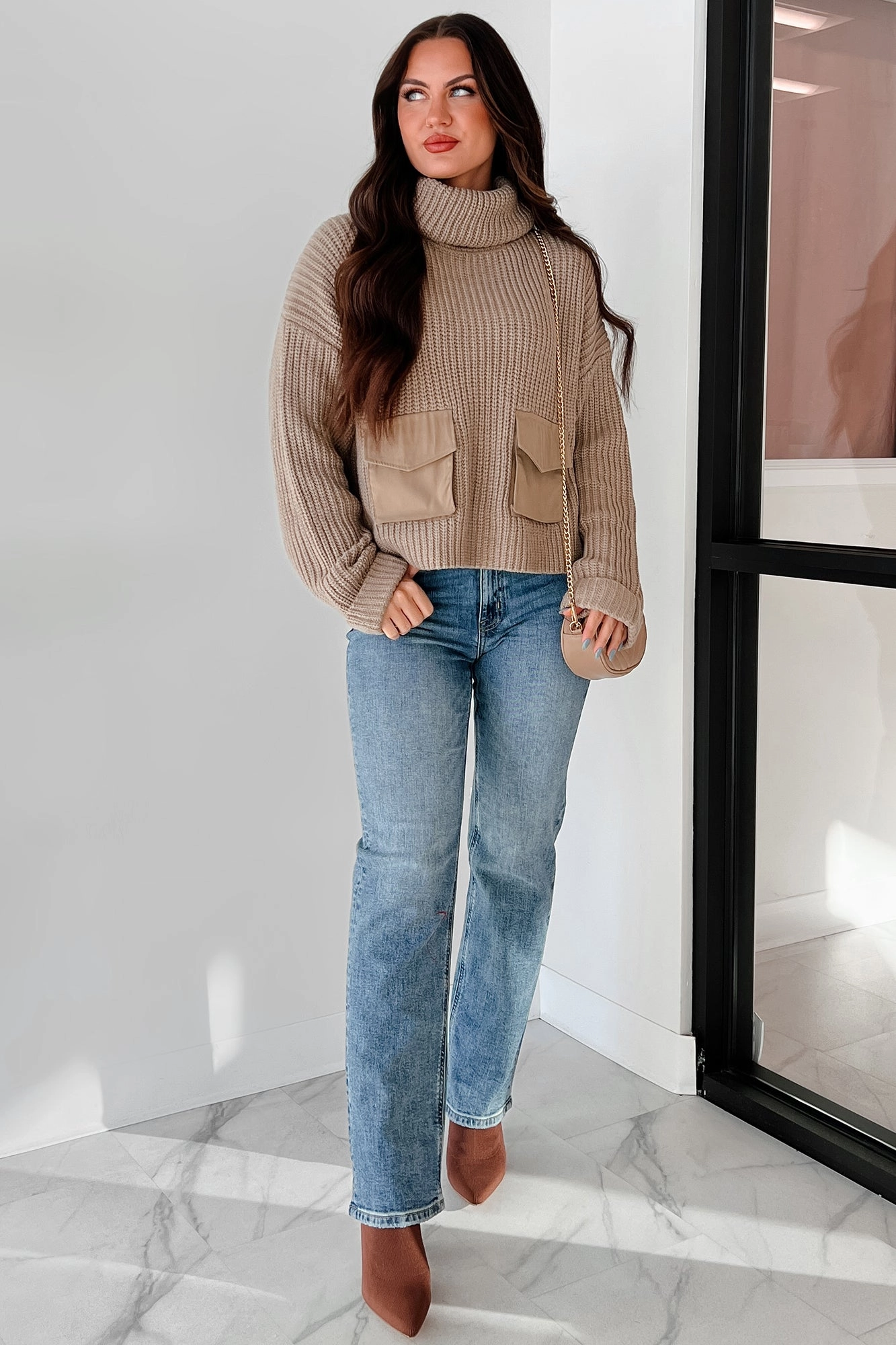 EcoCertified Material Tell Me Everything Cowl Neck Cargo Sweater (Taupe)