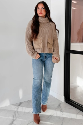 EcoCertified Material Tell Me Everything Cowl Neck Cargo Sweater (Taupe)