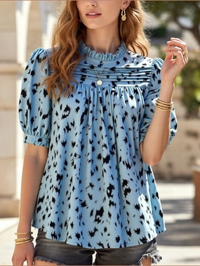 Temperament Casual Printed Short Sleeve Top ??Lightweight Vivid Blouse for Women Tailored Silhouette Fitted Design