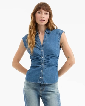 Simple Pullover SheerLayering Sera Ruched Denim Shirt Serendipity