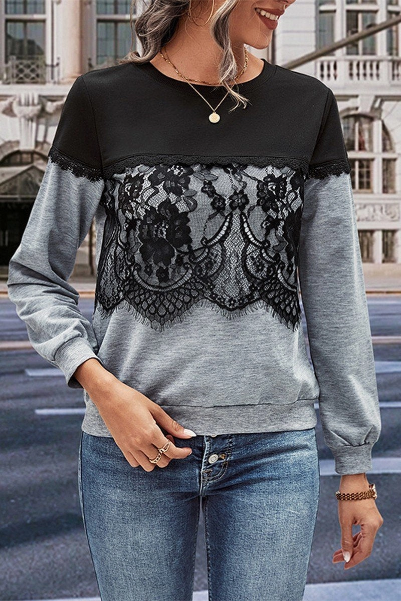 WOMEN LACE TRIM LAYERED ROUND NECK DANDY T SHIRT AntiStatic Coating Reinforced Buttonholes
