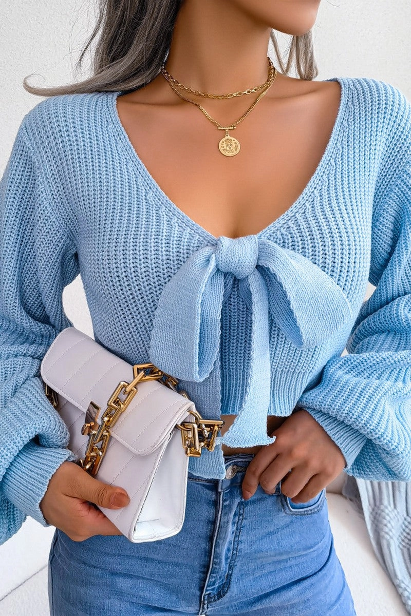 WOMEN FRONT BOW TIED SEXY CROP KNIT SWEATSHIRTS Reinforced Stitching