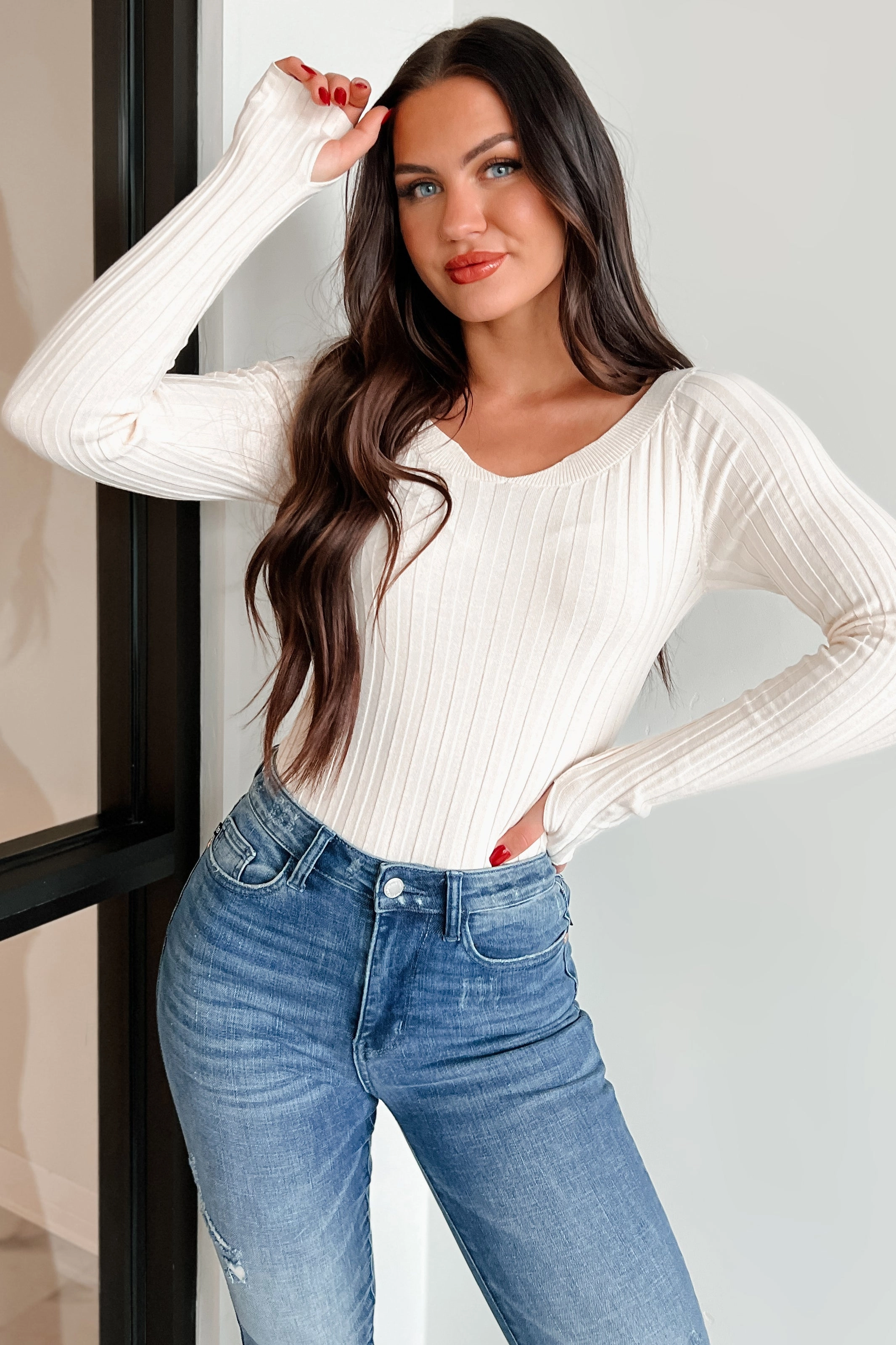 London Landscape Off Shoulder Bodysuit (Cream) RibbedHemline