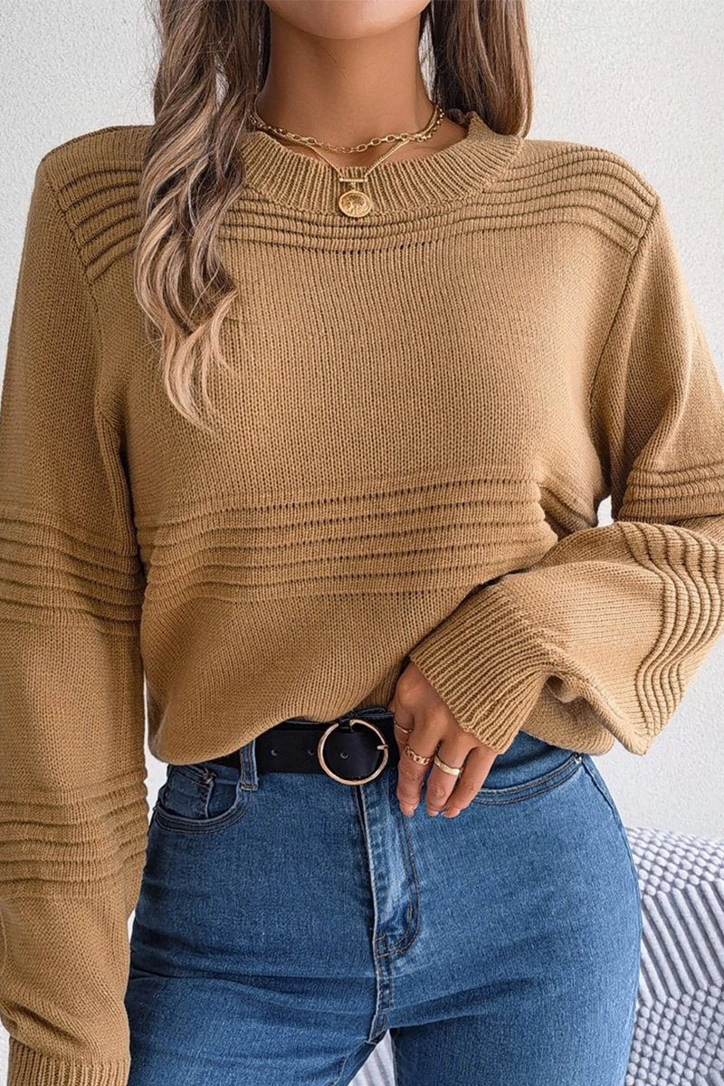 OversizedSilhouette ConvertibleSleeves WOMEN RIBBED CREWNECK LOOSE FIT KNITTED SWEATER