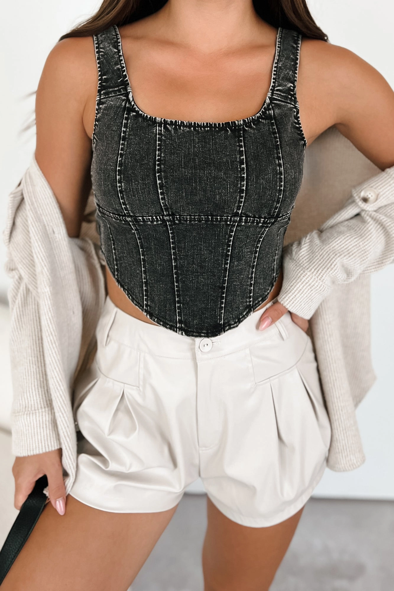 That's Just Karma Denim Corset Top (Black) Reinforced Neckline Detail OdorResistantFinish