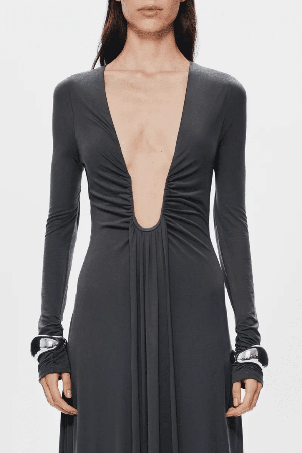 Front-Slit Fine Details The 'Jennifer' Long Sleeve Dress Vulcan