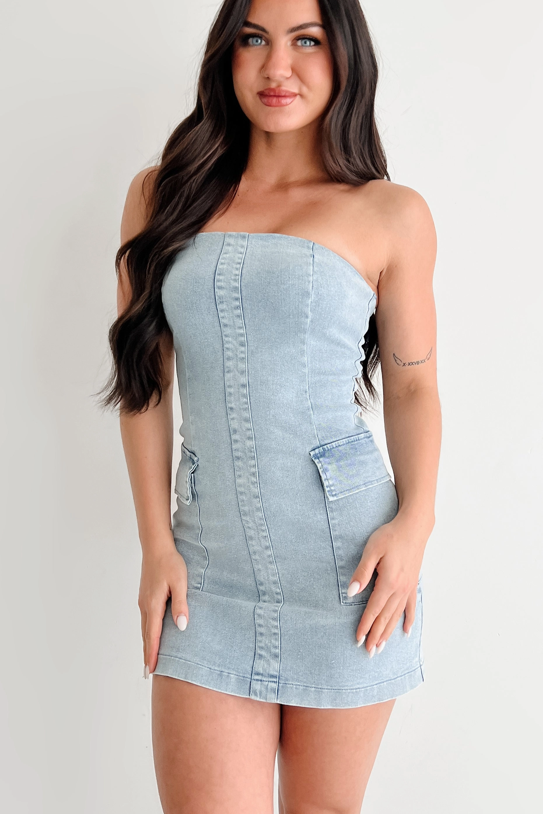 Relaxed Finish The Afternoon Edit Strapless Mini Dress (Denim)
