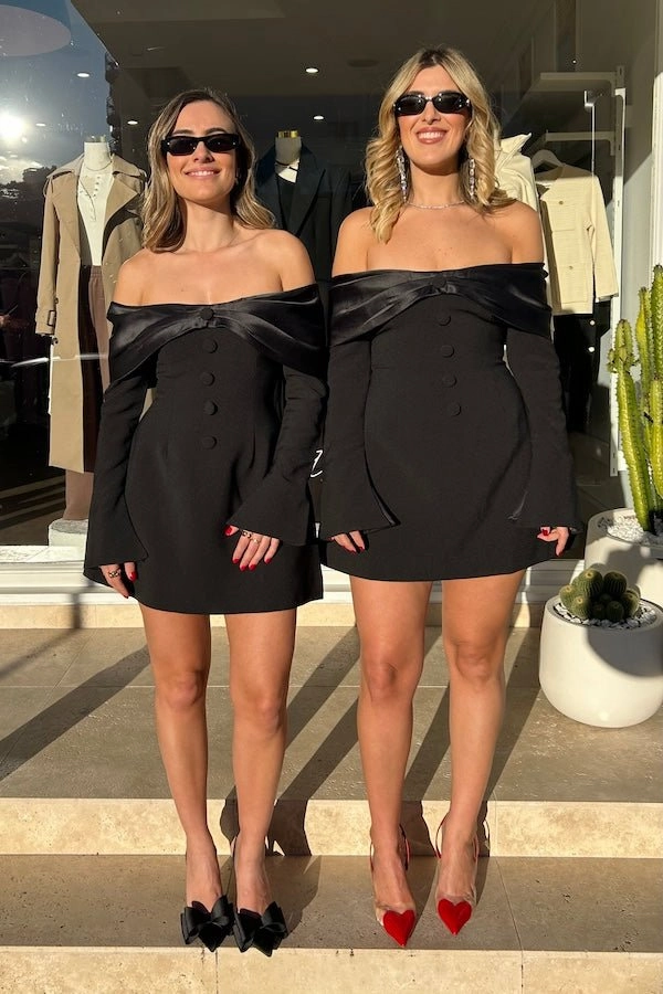 Lace-Sleeve The Ultimate Muse Bow Mini Dress Black