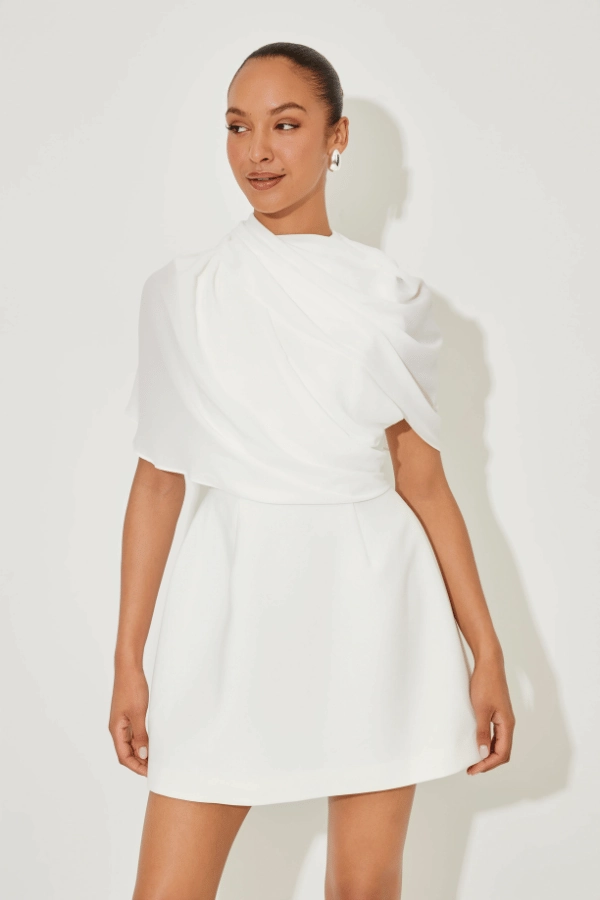 The Ultimate Muse Gathered Mini Dress White Modern Chic Formal Occasion