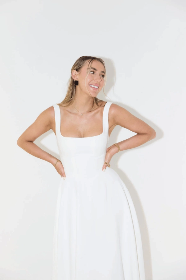 The Ultimate Muse High Waist Square Neck Midi Dress White Timeless Fashion