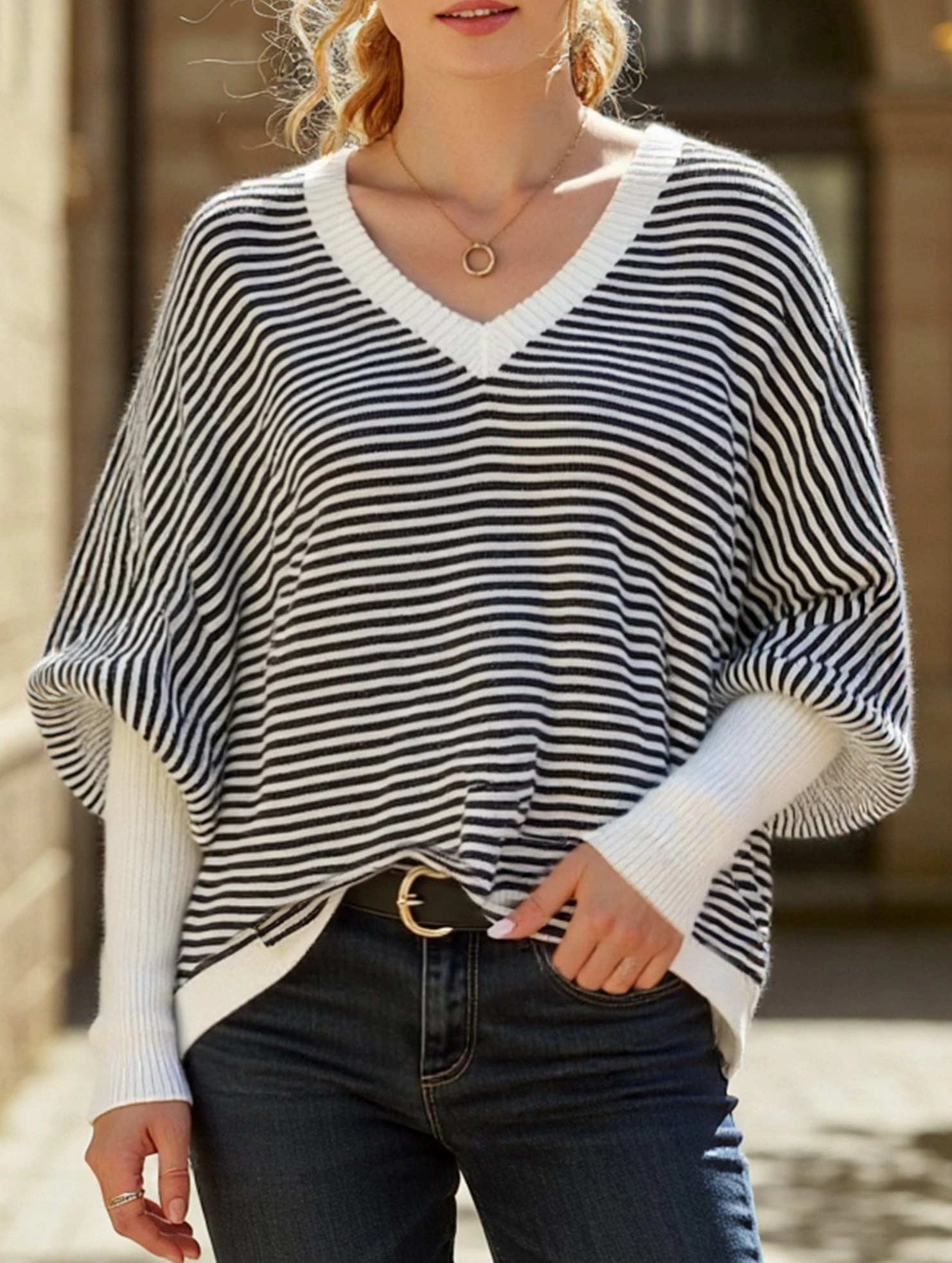 Microfiber Technology Soft Touch Blend Striped V-neck batwing sleeves sweater