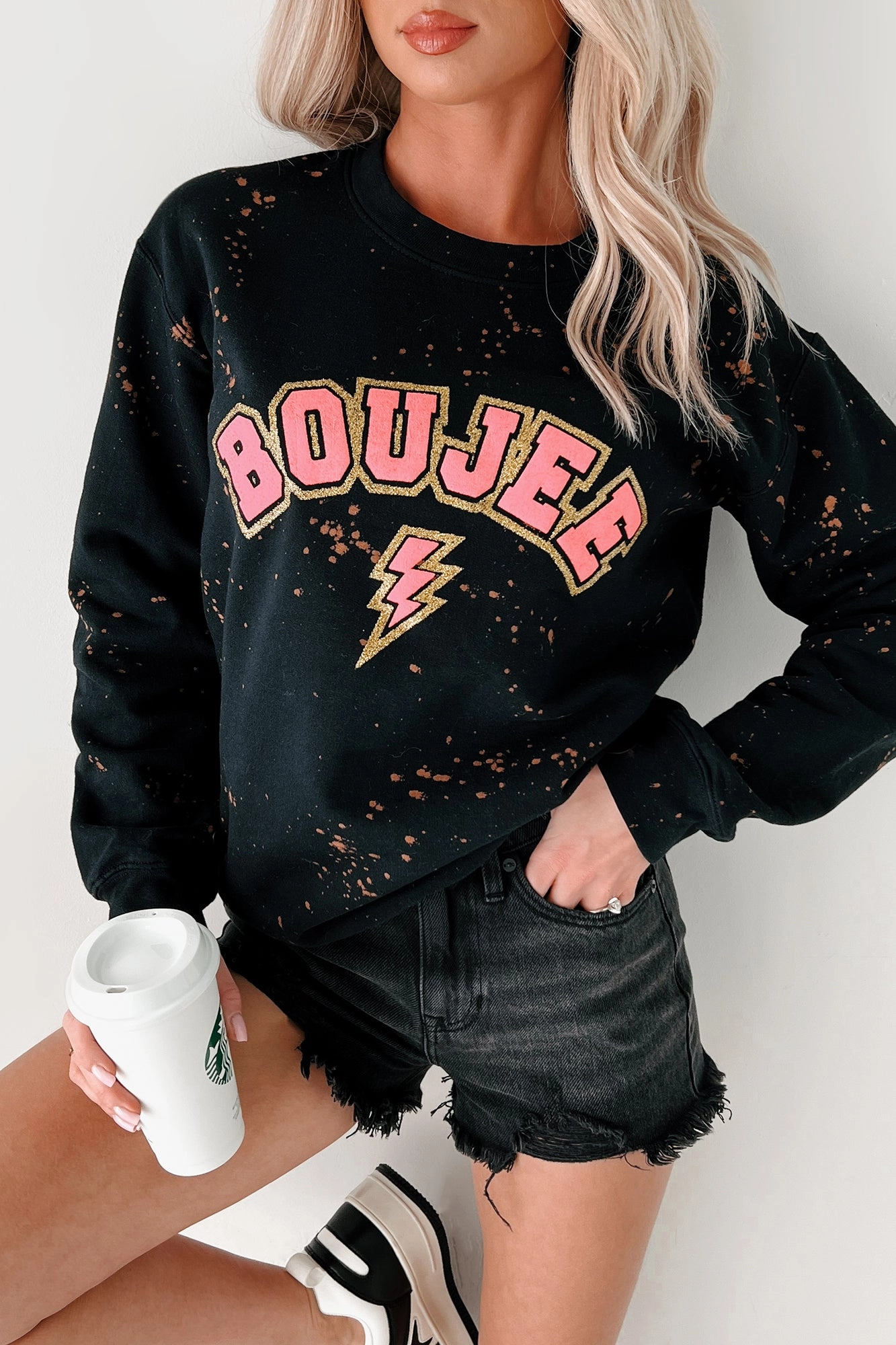 Light material Temperature Regulating Fabric "BOUJEE" Glitter Graphic Sweatshirt (Black Bleached)