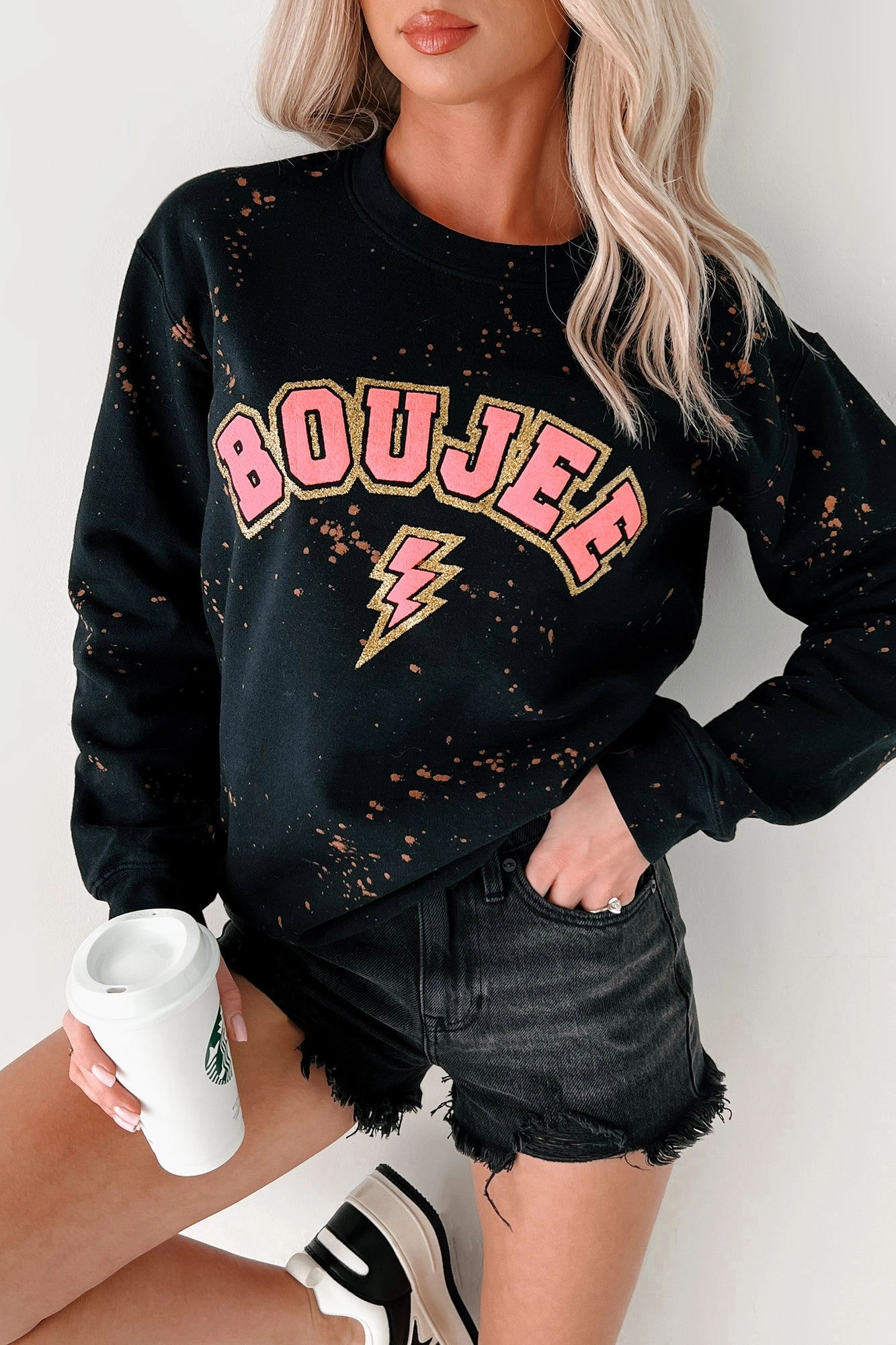Compression Fit Engineering "BOUJEE" Glitter Graphic Sweatshirt (Black Bleached)