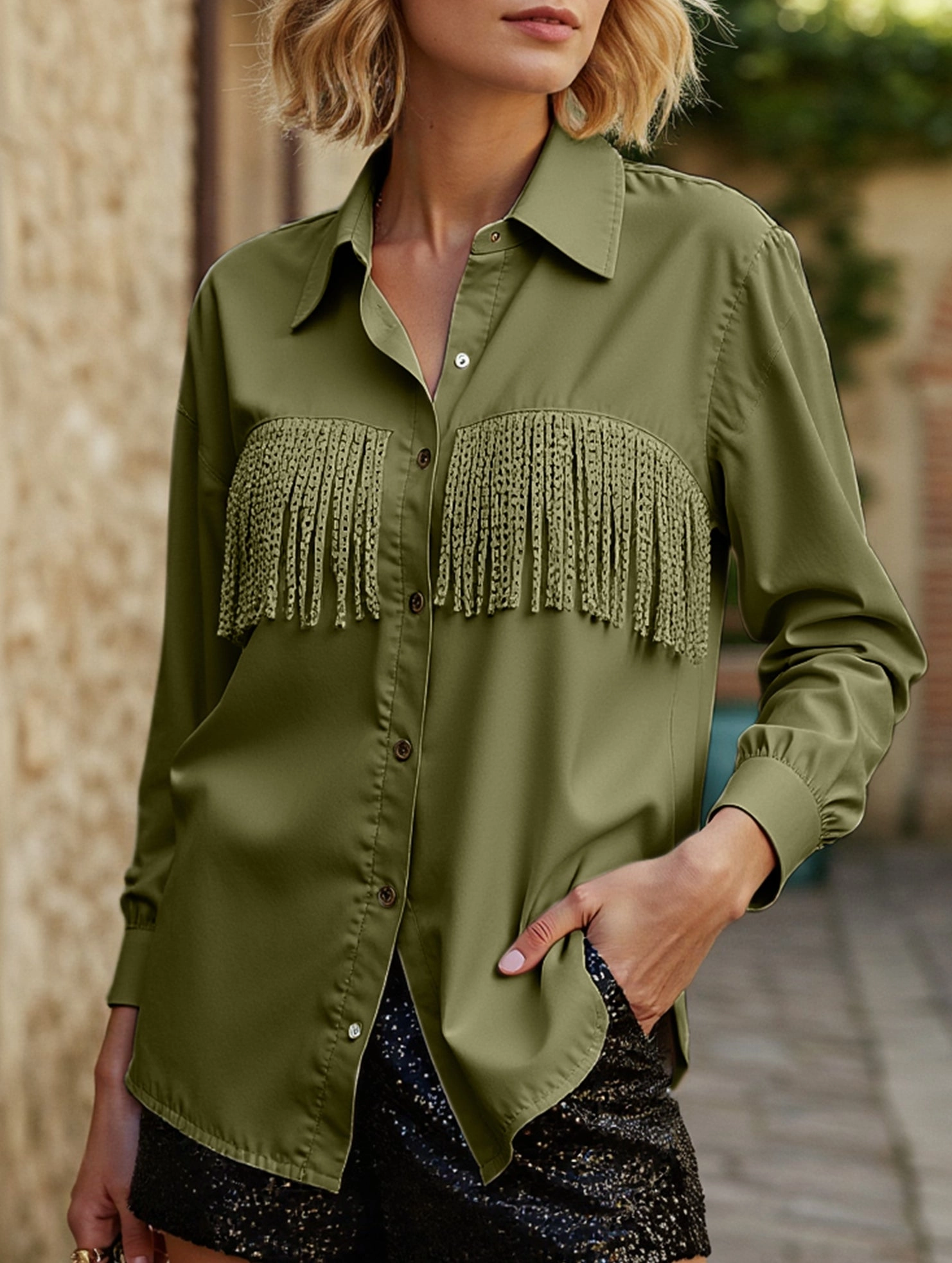 WOMEN TASSEL DETAILED BUTTON UP BLOUSE SHIRTS Flexible Shoulder Gusset Formal Wear